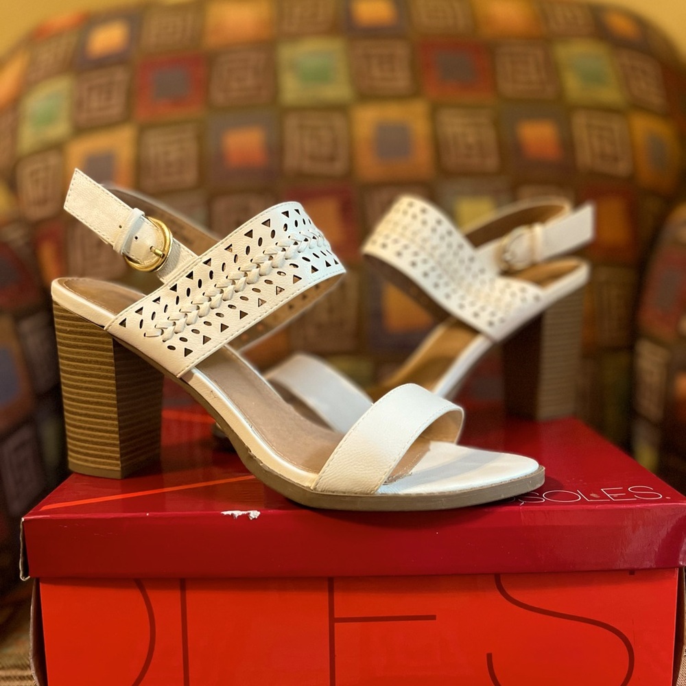 Brand: Report. Tall stack heeled white bohemian style sandals